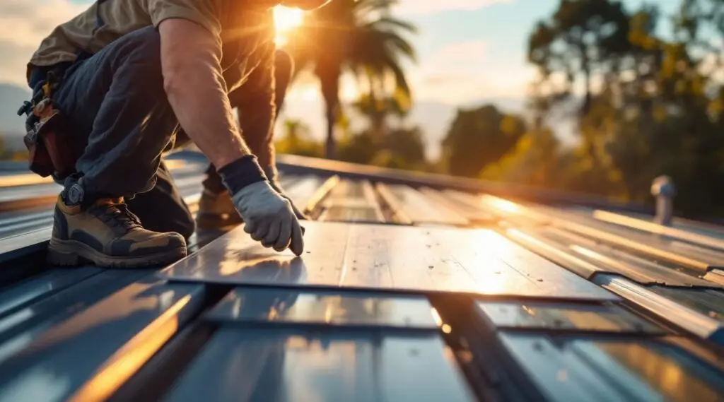A commercial standing seam metal roof installation on a flat-slope facility in South Jordan under bright sunlight.
