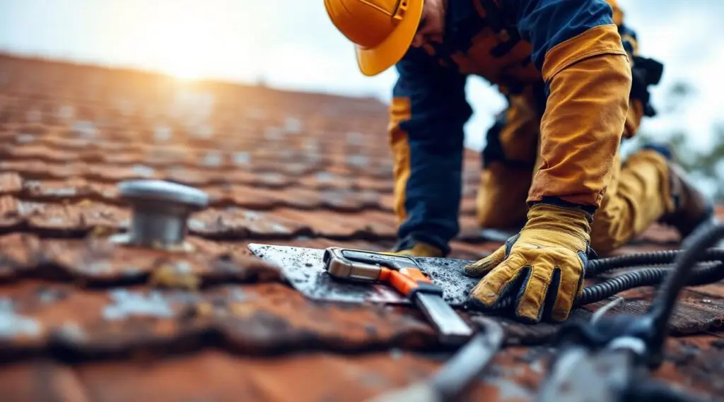A professional roofing inspector examining asphalt shingles on a South Jordan home with the Wasatch Mountains in the distance.