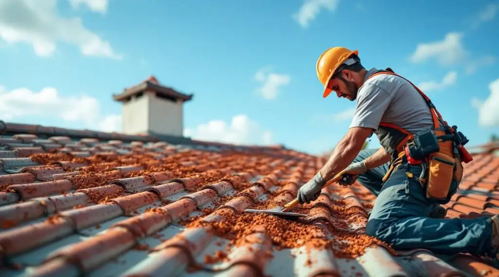 Roofing crew installing terracotta clay tiles on a South Jordan commercial property with the Wasatch Range in the background.