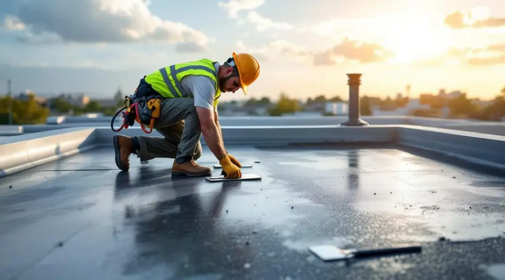 A professional roofing crew installing a durable black EPDM rubber membrane on a flat commercial roof in South Jordan.