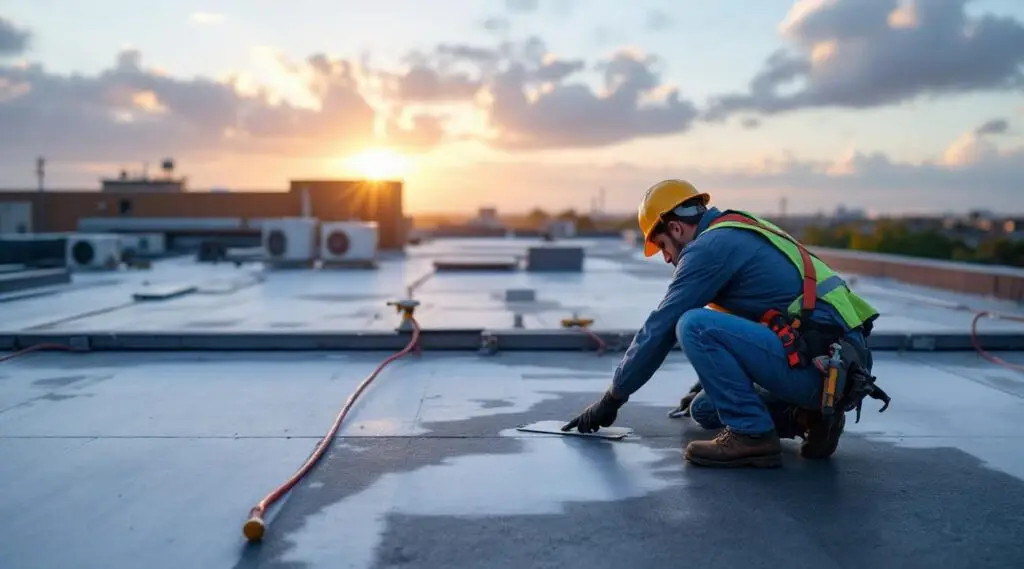 A professional roofing crew installing a durable flat TPO roof on a commercial building in South Jordan.