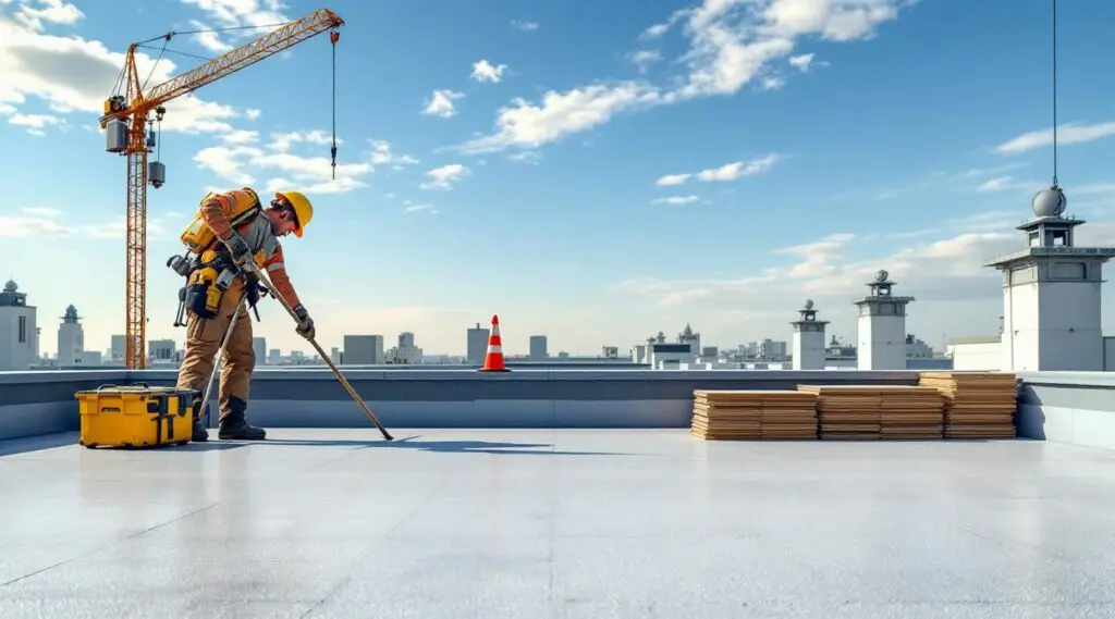 Commercial roofing crew heat-welding a white TPO flat roof membrane on a South Jordan facility under clear blue skies.