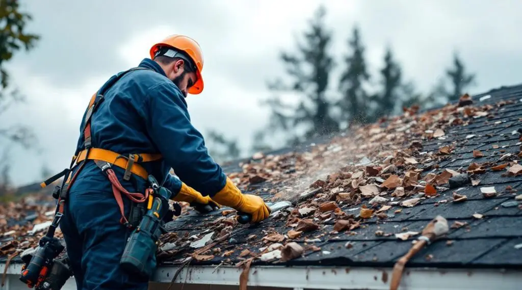 Professional roofing crew securing protective tarps on a wind-damaged shingle roof in South Jordan under stormy skies.