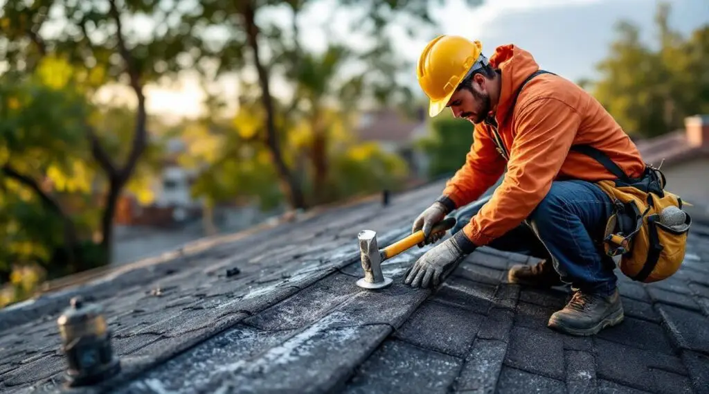 A professional roofer replacing damaged asphalt shingles on a South Jordan home with the Wasatch Mountains behind.