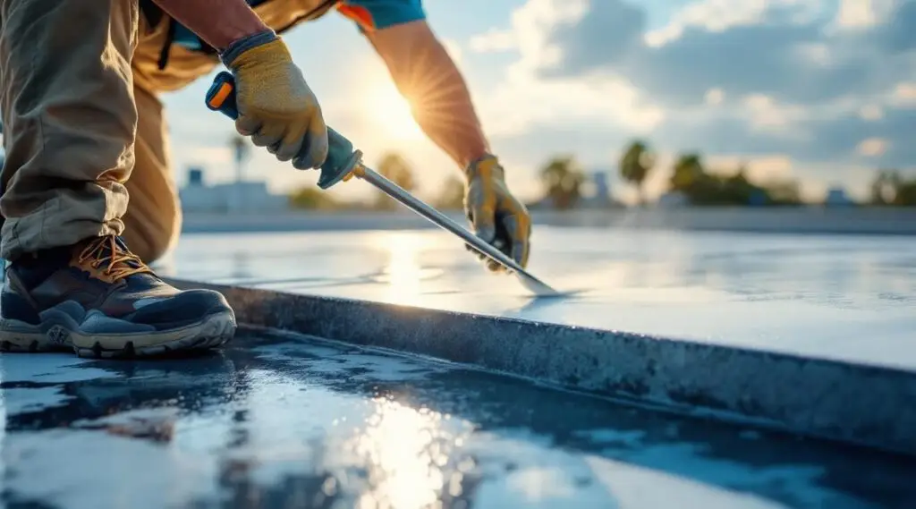 A professional roofing crew applying white silicone coating to a flat commercial roof in South Jordan under a clear sky.