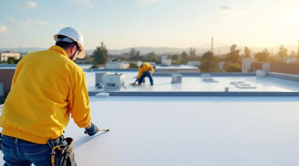 Commercial roofing crew hot-air welding white TPO membrane seams on a flat roof in South Jordan under bright sunlight.