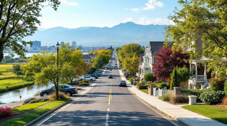 A residential street in South Salt Lake, Utah, showing mid-century homes with the Wasatch Range rising in the background.