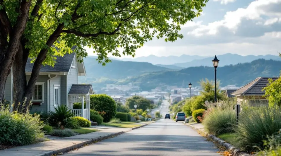 A residential street in Salt Lake City with the snow-dusted Wasatch Range in the background, showing a clean shingle roof.
