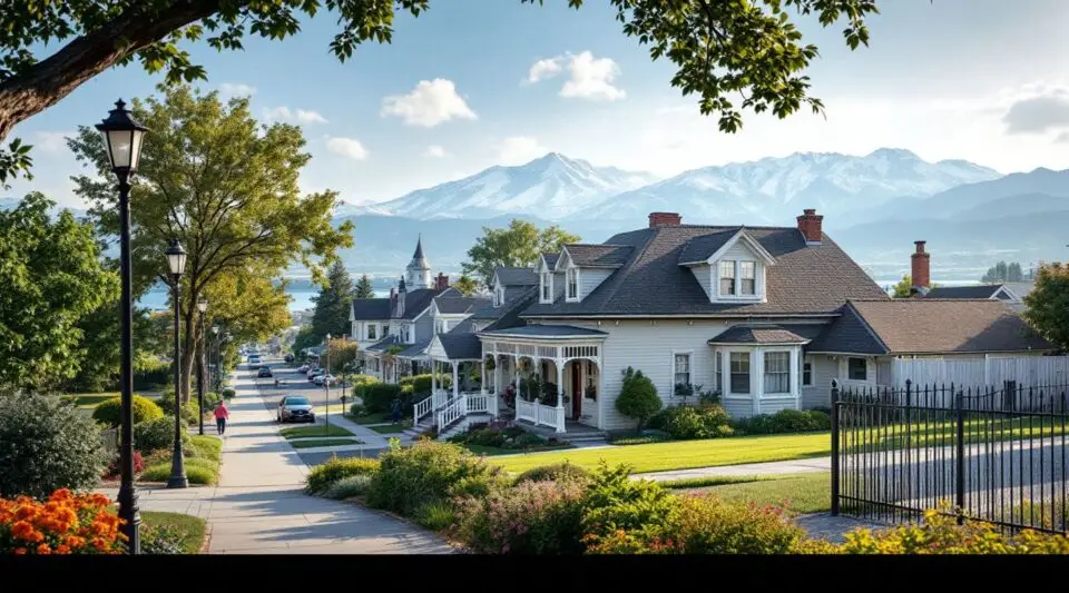 A residential street in Taylorsville, Utah, showing ranch-style homes with new asphalt shingle roofs under the Wasatch Range.