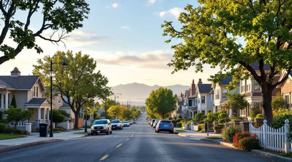 A residential street in Sandy, Utah, with the snow-capped Wasatch Mountains in the background and a newly installed roof.
