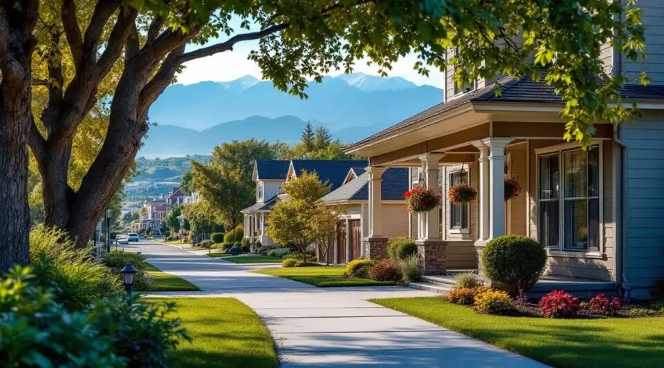 A residential street on the Bountiful Bench in Utah, showing steep-pitch asphalt shingle roofs with the Wasatch Range in the background.