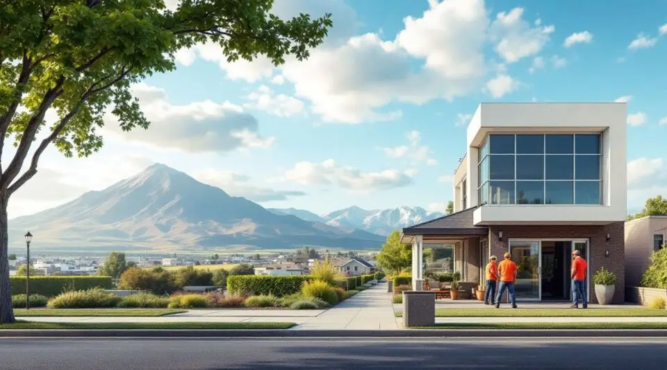 A professional roofing project on a ranch-style home in West Valley City, Utah, with the Oquirrh Mountains in the background.