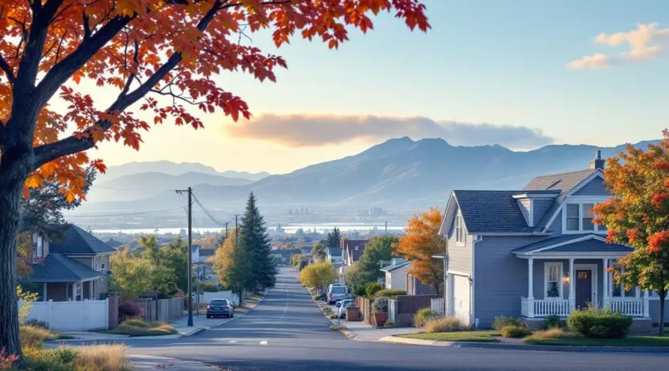 A suburban neighborhood in West Jordan, Utah, showing architectural asphalt shingle roofs with the Oquirrh Mountains in the background.